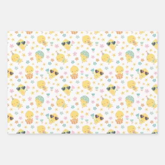 Feuille De Papier Cadeau Mignons poussins de Pâques avec fleurs et oeufs (Devant)