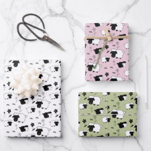 Feuille De Papier Cadeau Mignons Sheeps Illustration Noir Blanc, Blush, Ver
