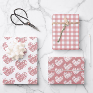 Feuille De Papier Cadeau Minimaliste Cute Rose et Blanc Coeurs et rayures