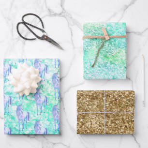Feuille De Papier Cadeau Mint Aqua Confetti Parties scintillant Unicorn