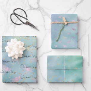 Feuille De Papier Cadeau Mint Aqua Gold Confetti Dreamy Dragonflies