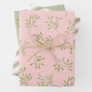 Feuille De Papier Cadeau Mistletoe Stripes Rose Vert