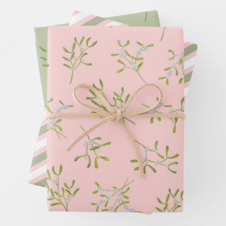 Feuille De Papier Cadeau Mistletoe Stripes Rose Vert