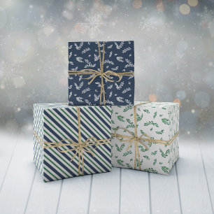 Feuille De Papier Cadeau Mistletoe Twigs & Stripes Motifs de Noël mixtes