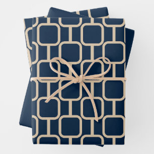 Feuille De Papier Cadeau Mod Links Motif géométrique Mid Century Bleu foncé