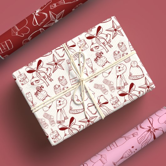 Feuille De Papier Cadeau Mode main tiré Monochrome rouge & blanc Noël