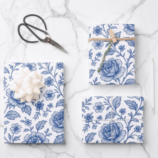 Feuille De Papier Cadeau Modèle Floral Royal Bleu Rose (Recto)