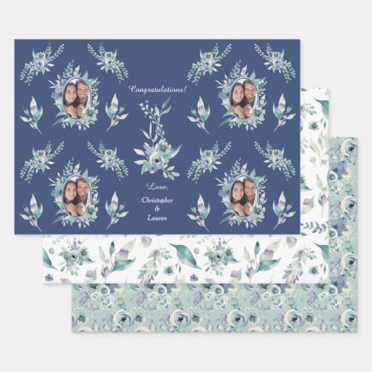 Feuille De Papier Cadeau Modèle photo Mariage bleu vert (Lot)
