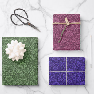 Feuille De Papier Cadeau Modèle vintage Floral Damask Vert pourpre bleu
