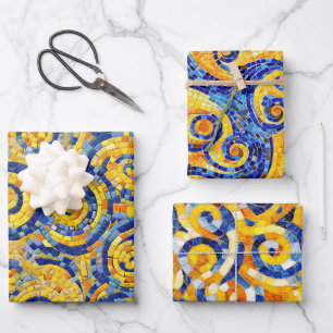 Feuille De Papier Cadeau Modèles de verre en mosaïque étoilée jaune et bleu