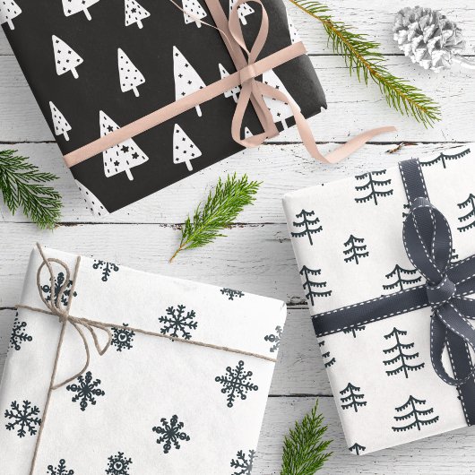 Feuille De Papier Cadeau Modern Black & White Christmas Trees Snowflakes