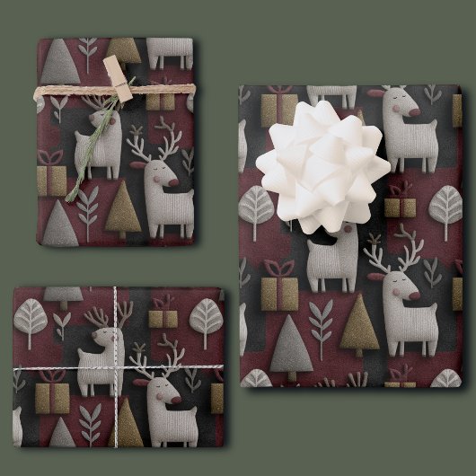 Feuille De Papier Cadeau Modern Christmas Reindeer Red And Gold Pattern