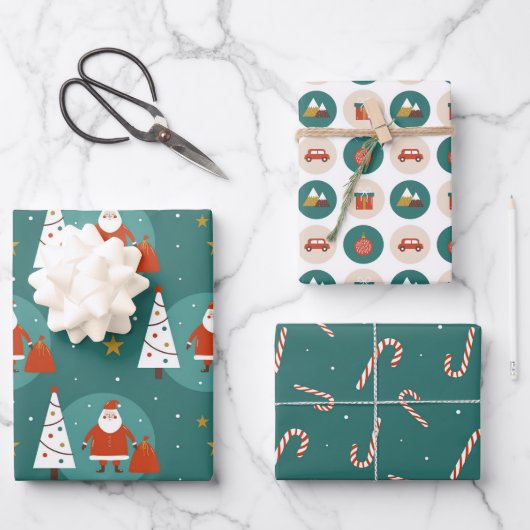 Feuille De Papier Cadeau Modern Cute Père Noël le soir de Noël Turquoise (Recto)