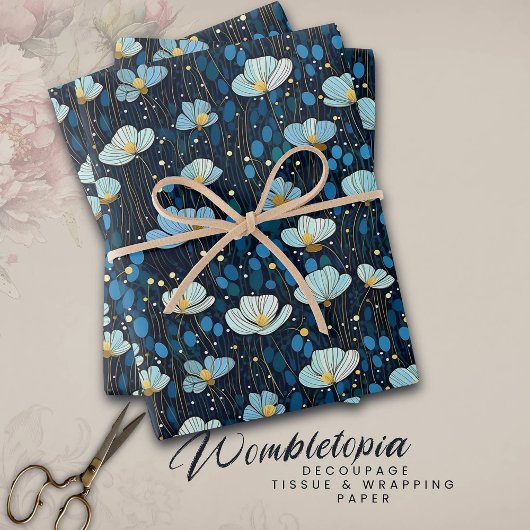 Feuille De Papier Cadeau Moderne Floral bleu foncé Motif de pavot