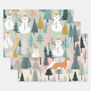Feuille De Papier Cadeau Moderne Hiver Pastel Snowman Renards & Arbres Vert