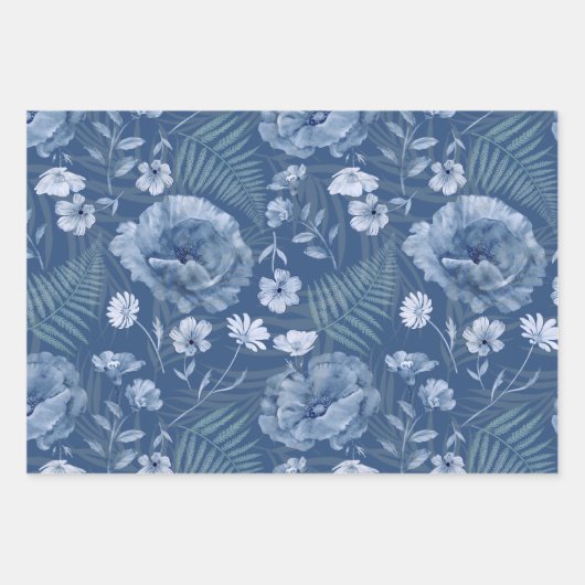 Feuille De Papier Cadeau Moderne motif de fleur sauvage bleu poussiéreux (Devant)