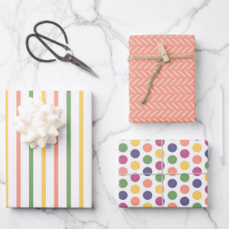 Feuille De Papier Cadeau Moderne orange, bandes vertes et jaunes et pois