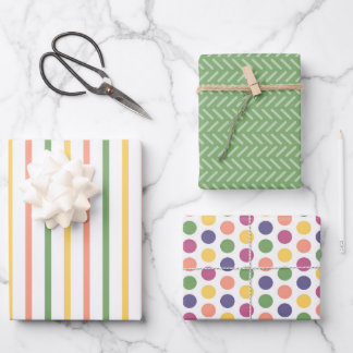 Feuille De Papier Cadeau Moderne Vert, Jaune, Rayures Orange et Points