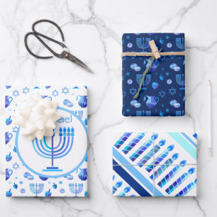Feuille De Papier Cadeau Monogram Hanoukka Festival Menorah Lumières