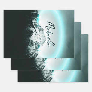 Feuille De Papier Cadeau Monogramme de lumière de néon bleu mystérieux de m