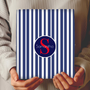 Feuille De Papier Cadeau Monogramme Initiale Élégant Toile Rayée Navy Rouge