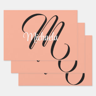 Feuille De Papier Cadeau Monogramme moderne minimaliste de nom initial pêch