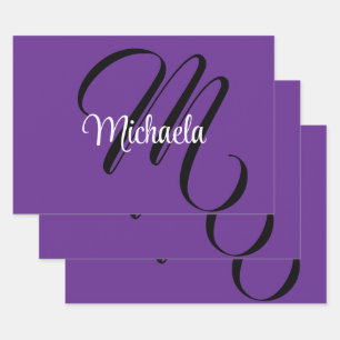 Feuille De Papier Cadeau Monogramme moderne minimaliste nom initial violet