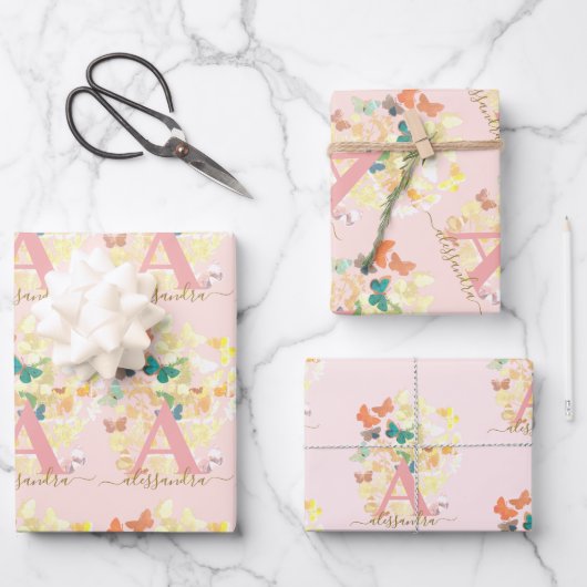 Feuille De Papier Cadeau monogramme monogramme de papillon moderne élégant (Recto)