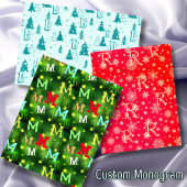 Feuille De Papier Cadeau Monogramme Noël Arbre Les flocons de neige Joyeux 