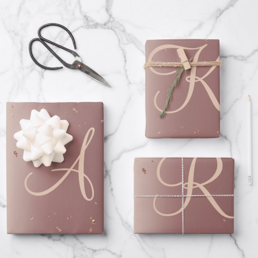Feuille De Papier Cadeau Monogramme Rose Parties scintillant or Script tend (Recto)