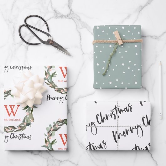 Feuille De Papier Cadeau Monogramme Wreath Joyeux Noël Vacances Enveloppeme (Recto)