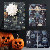 Feuille De Papier Cadeau Monstres d'Halloween mignonnes en gris foncé moody