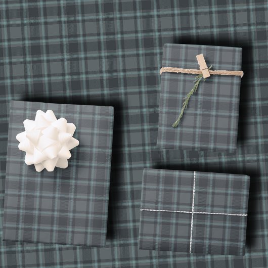 Feuille De Papier Cadeau Moody Dark Charcoal Grey and Teal Tartan Plaid