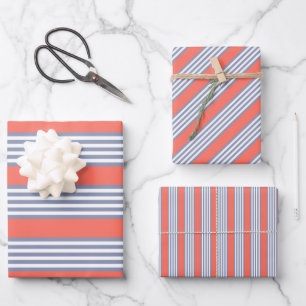 Feuille De Papier Cadeau Motif à cinq bandes bleu-gris avec corail vivant