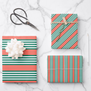 Feuille De Papier Cadeau Motif à cinq bandes vert et blanc avec corail