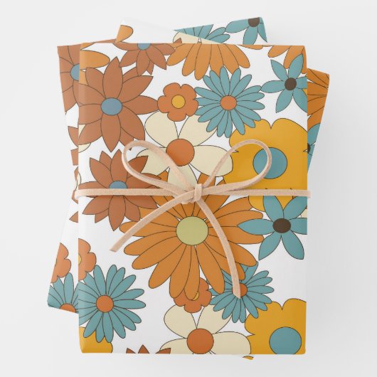 Feuille De Papier Cadeau Motif à fleurs rétro coloré (En situation)