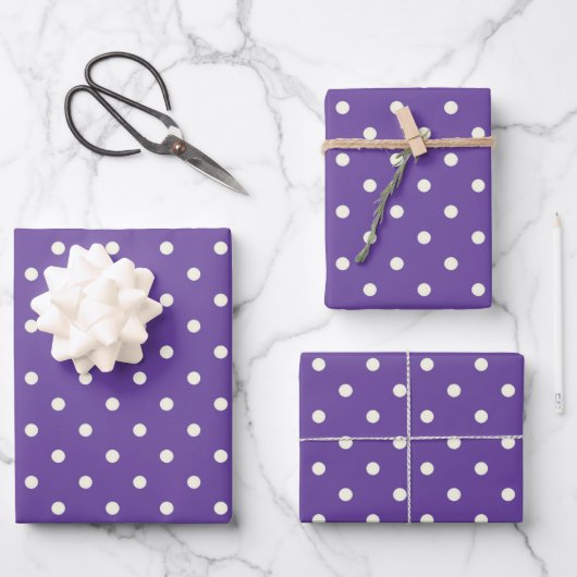 Feuille De Papier Cadeau Motif à points polka blanc et violet ultra violet (Recto)