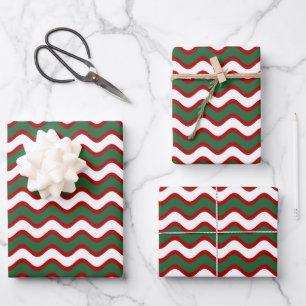 Feuille De Papier Cadeau Motif à rayures ondulées de Noël rouge vert blanc