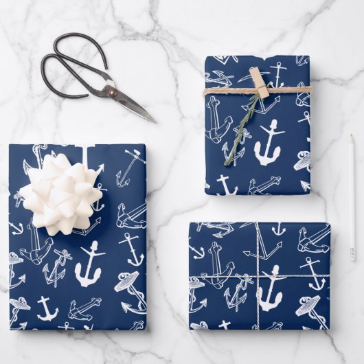 Feuille De Papier Cadeau Motif Ancre bleu marine (Recto)