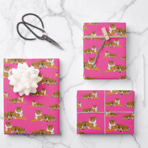 Feuille De Papier Cadeau Motif animal du tigre de la jungle rose orange