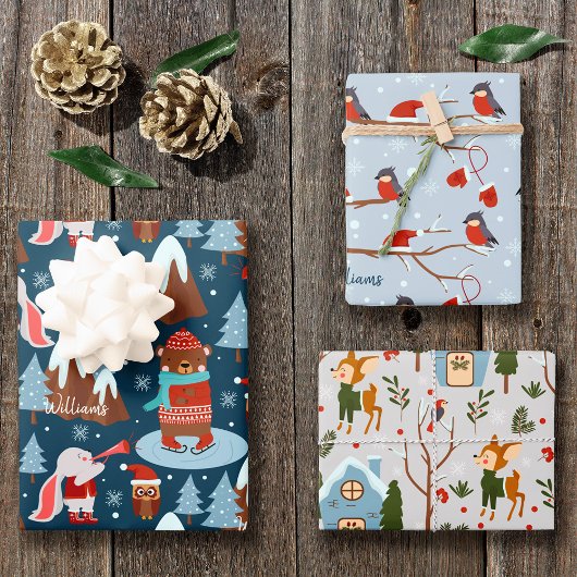 Feuille De Papier Cadeau Motif animal mignon avec nom Noël bleu