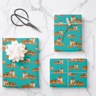 Feuille De Papier Cadeau Motif animalier de tigre de jungle orange sarcelle