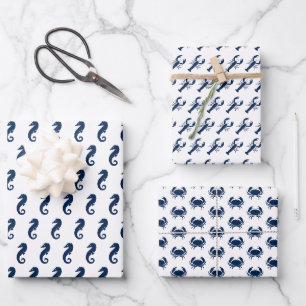 Feuille De Papier Cadeau Motif animaux marins nautiques homard crabe hippoc