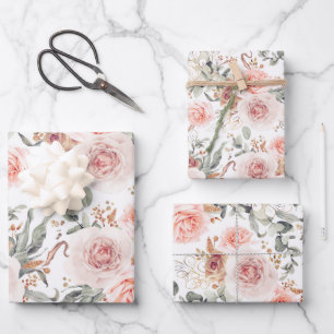 Feuille De Papier Cadeau Motif aquarelle botanique floral rose terreux