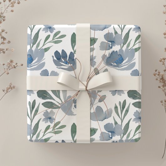 Feuille De Papier Cadeau Motif aquarelle floral bleu poussiéreux rustique