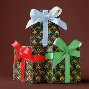 Feuille De Papier Cadeau Motif Art Déco Bleu, Vert Rouge sur Fond Noir