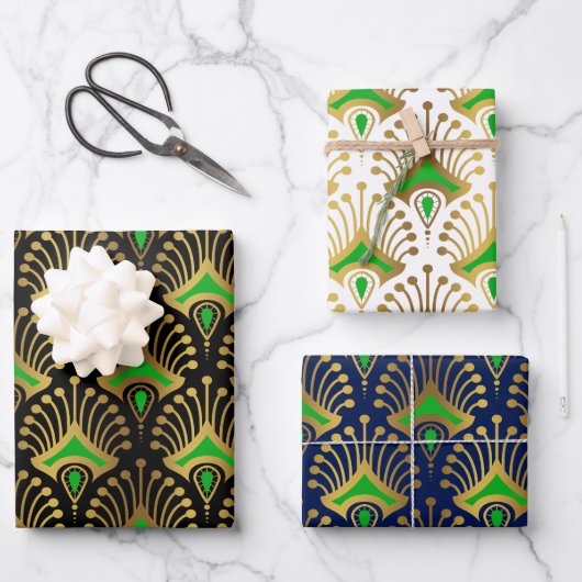 Feuille De Papier Cadeau Motif Art déco or et vert sur noir (Recto)
