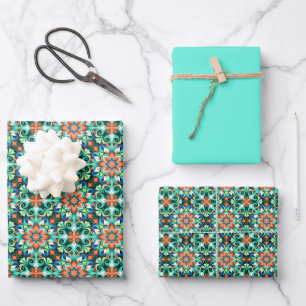Feuille De Papier Cadeau Motif Art Nouveau en sarcelle foncée profonde, pao
