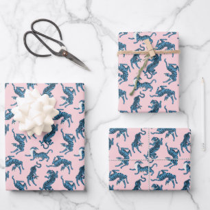 Feuille De Papier Cadeau Motif asiatique de tigre bleu