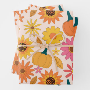 Feuille De Papier Cadeau Motif automnal de tournesols et citrouilles